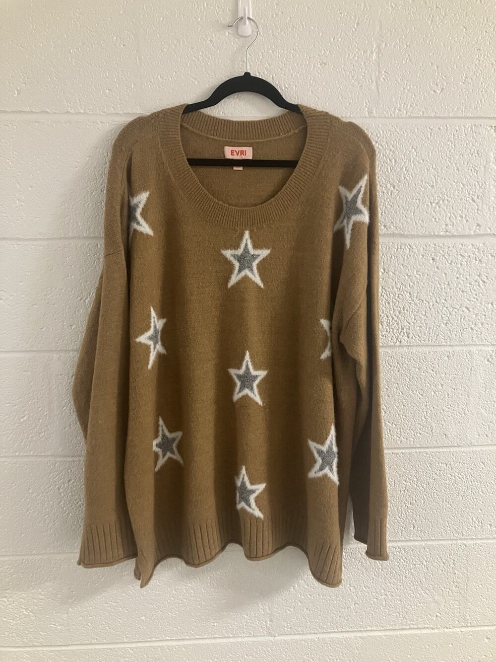 Evri Women's Plus Size Sweater Pullover Tan Embelished Silver Stars Front Sz 2x